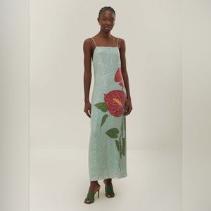 Farm Rio Blue Anthurium Flowers Sequin Slip Maxi Dress